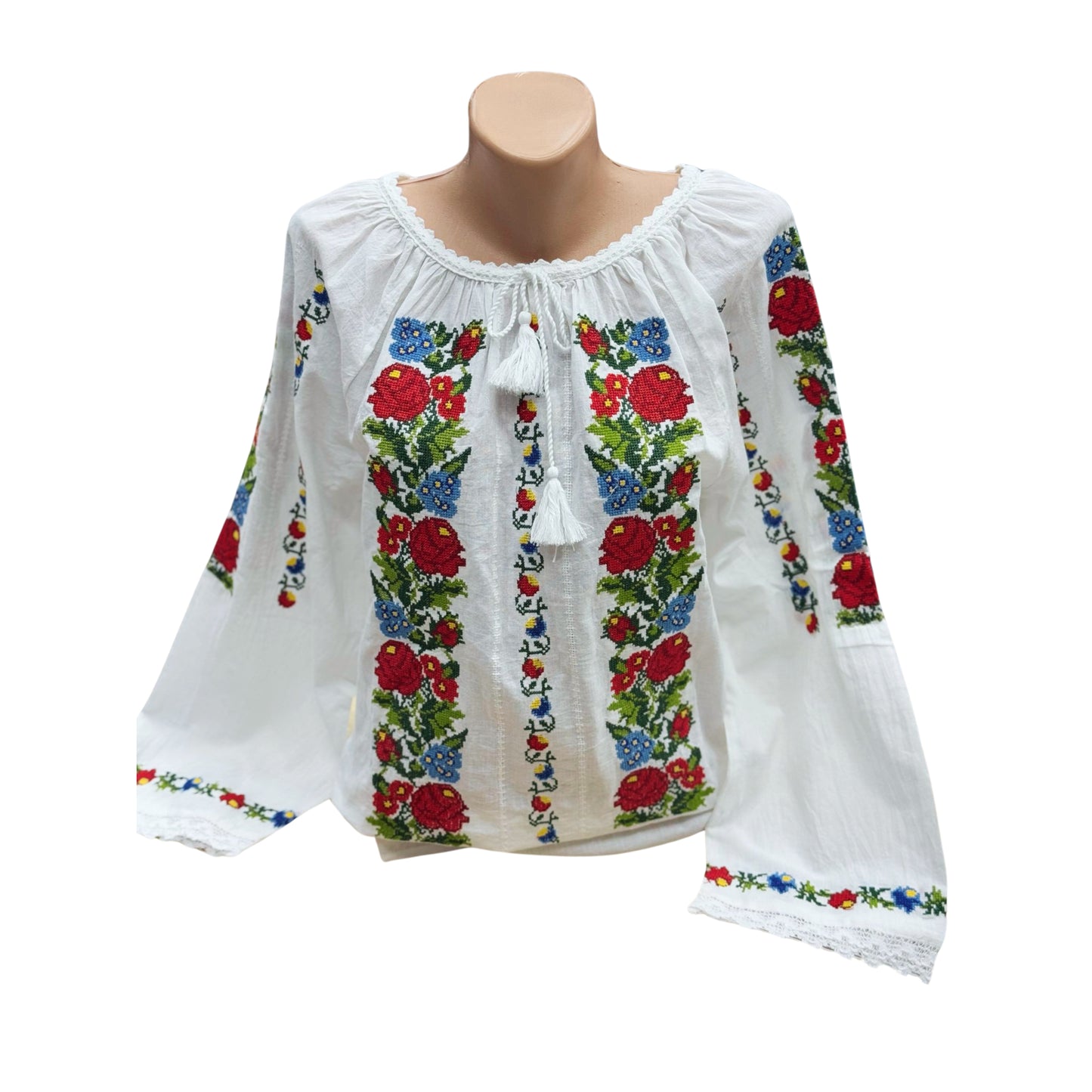 Ie tradițională românească din bumbac, roșu/albastru