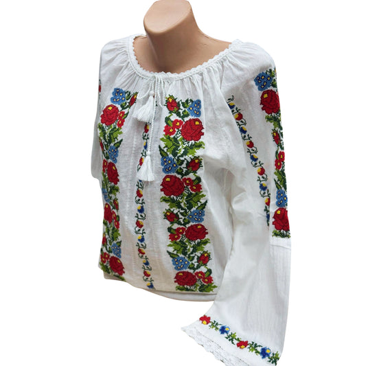 Ie tradițională românească din bumbac, roșu/albastru