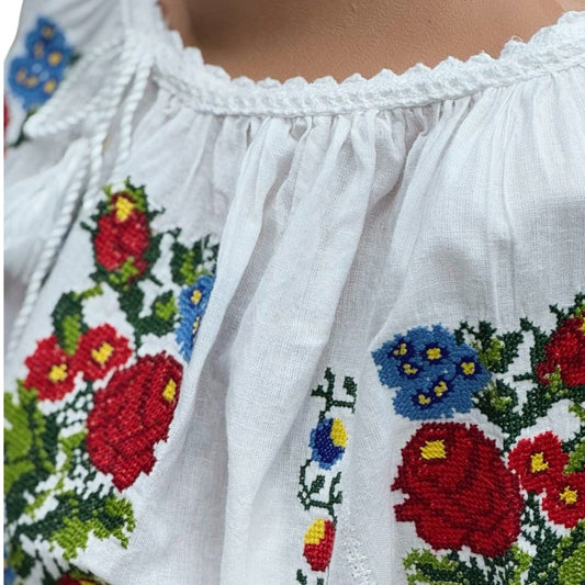 Ie tradițională românească din bumbac, roșu/albastru