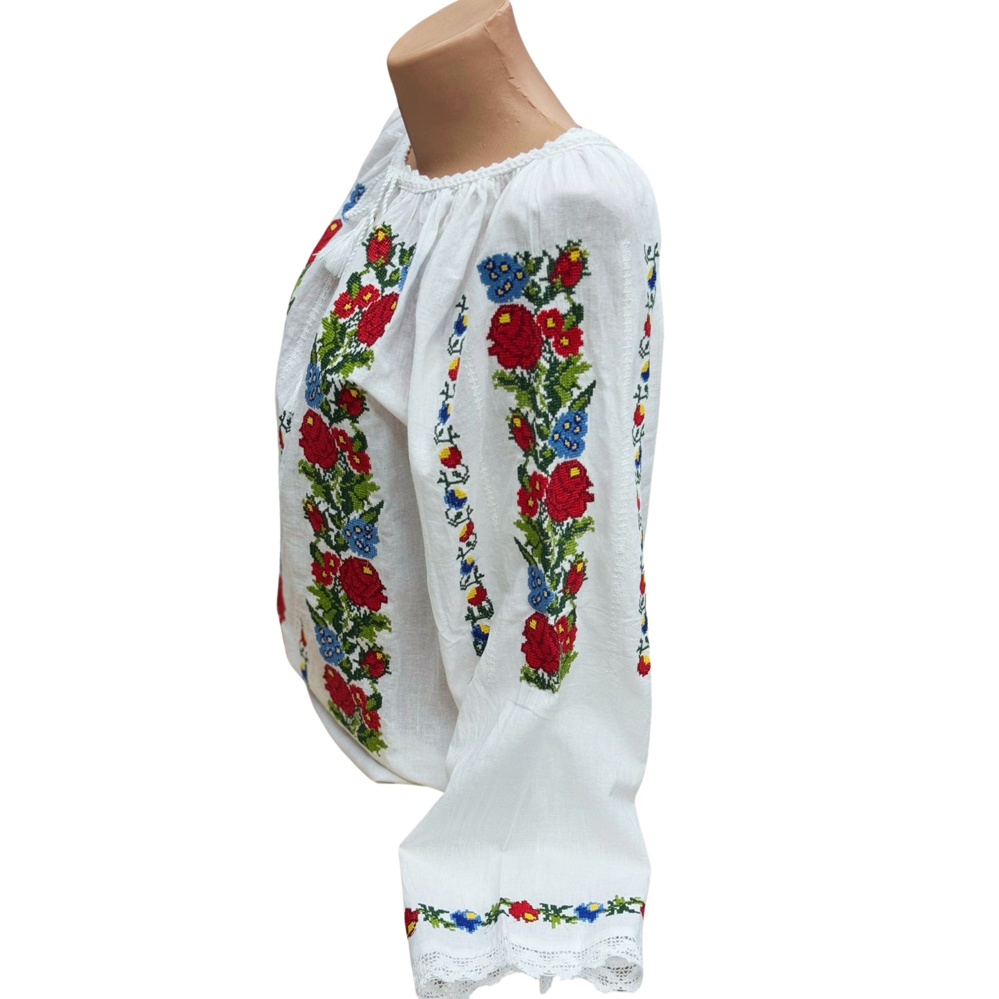 Ie tradițională românească din bumbac, roșu/albastru
