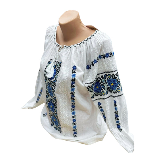 Ie tradițională românească din bumbac, albastră