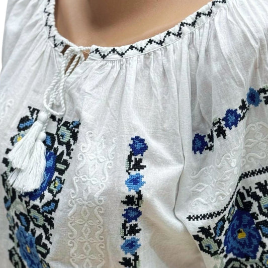 Ie tradițională românească din bumbac, albastră