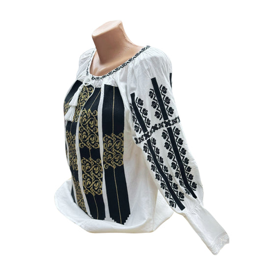 Ie tradițională românească din bumbac, negru/auriu