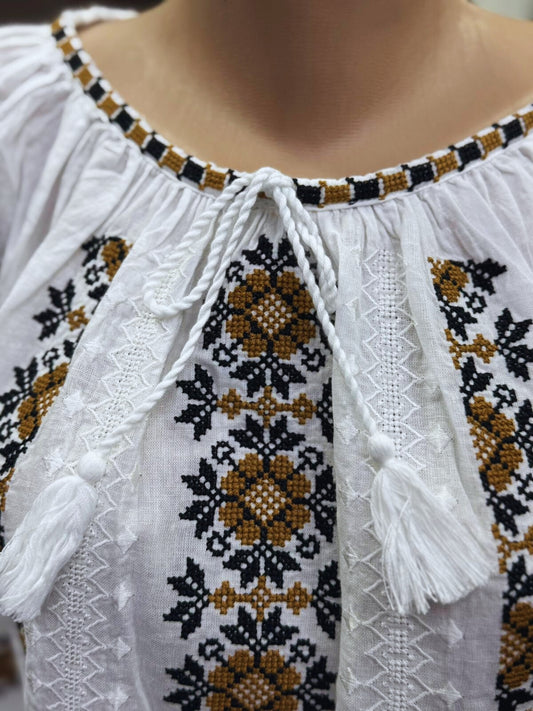 Ie tradițională românească din bumbac, galben/negru