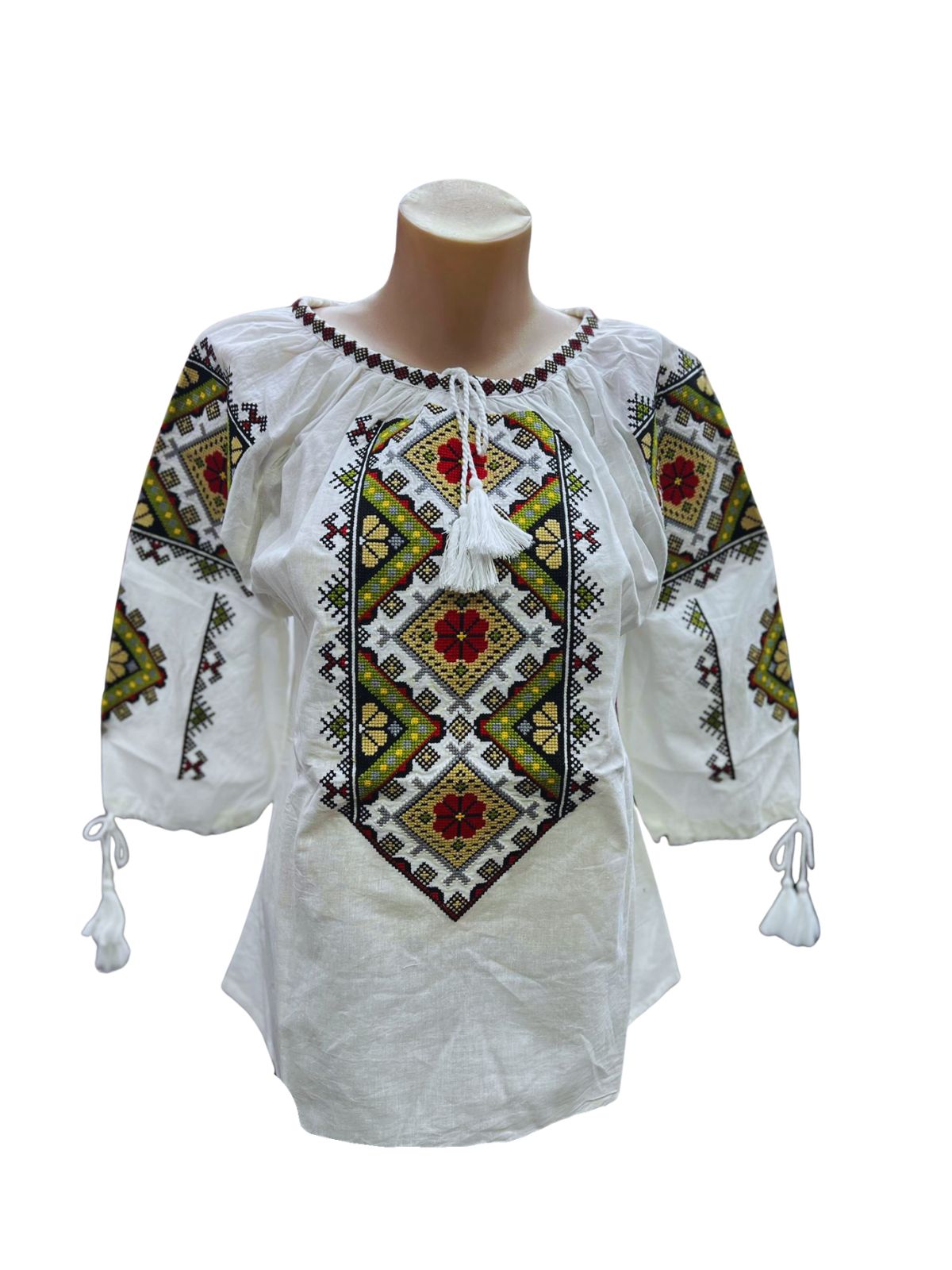 Ie tradițională românească din bumbac, verde/crem