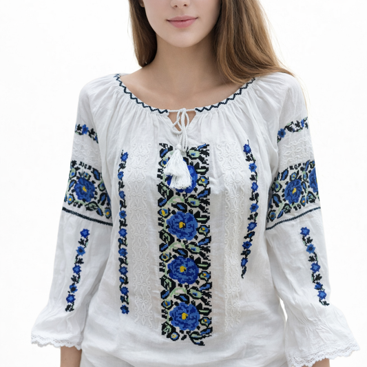 Ie tradițională românească din bumbac, albastră