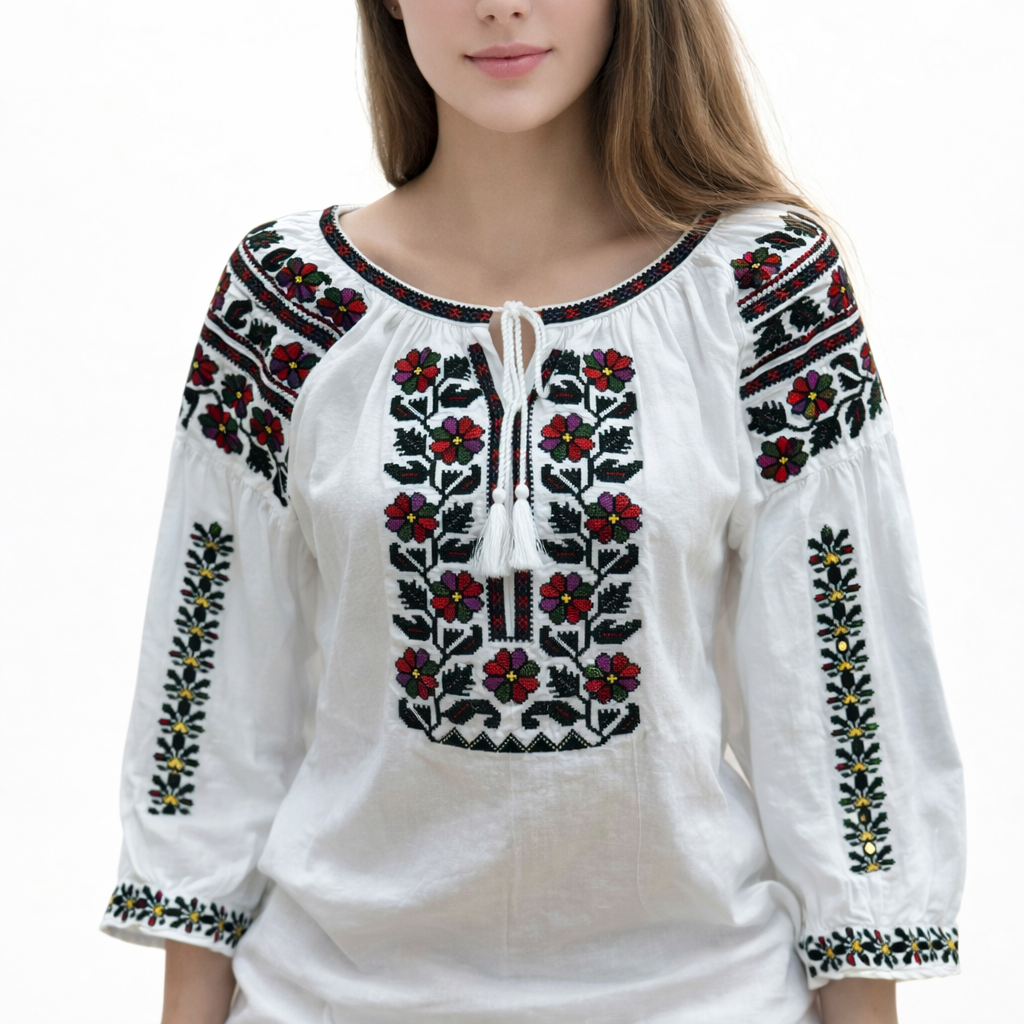Ie tradițională românească din bumbac, multicoloră