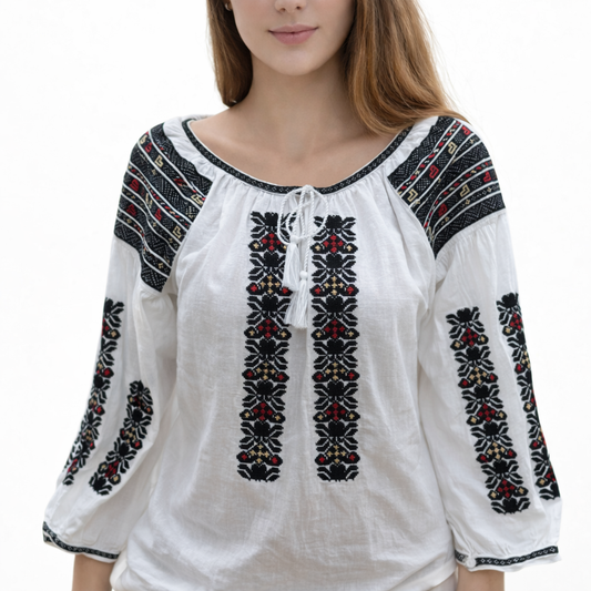 Ie tradițională românească din bumbac, negru/roșu