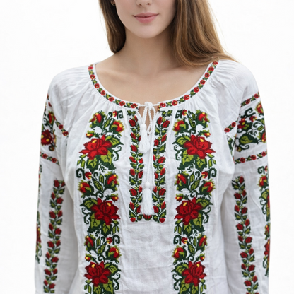 Ie tradițională românească din bumbac, trandafir