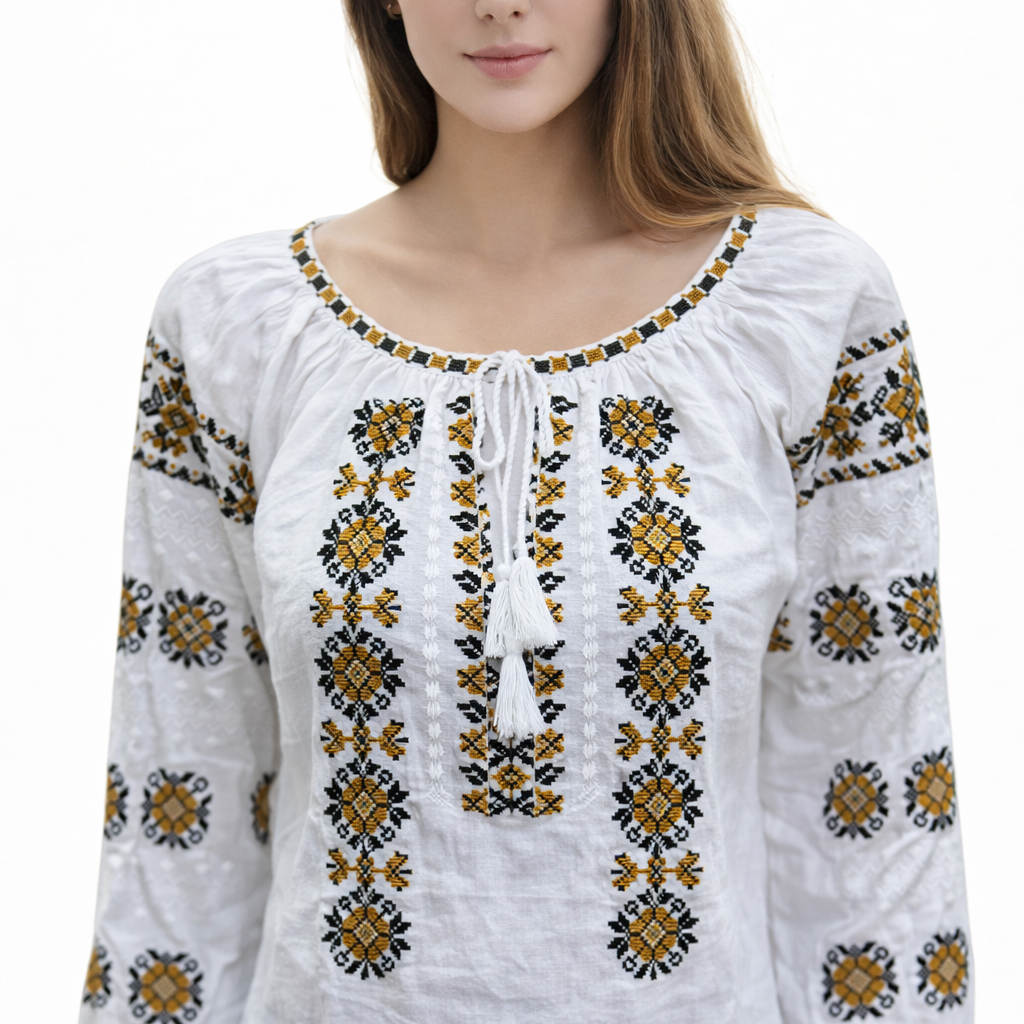 Ie tradițională românească din bumbac, galben/negru