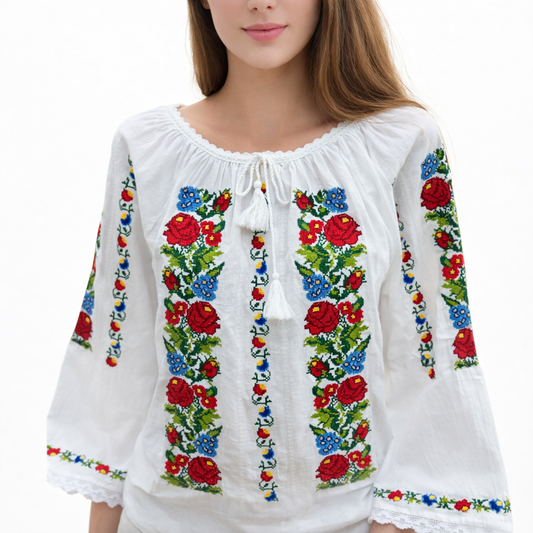 Ie tradițională românească din bumbac, roșu/albastru