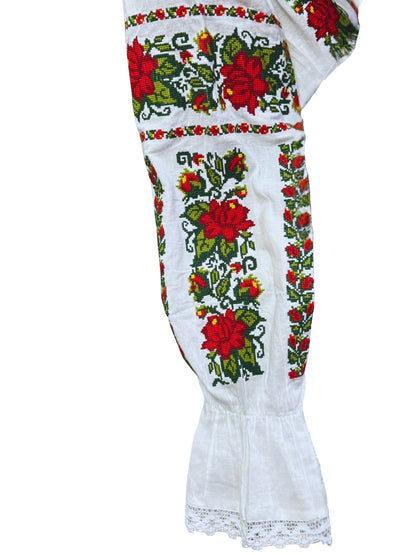 Ie tradițională românească din bumbac, trandafir