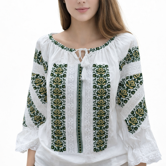 Ie tradițională românească din bumbac, verde